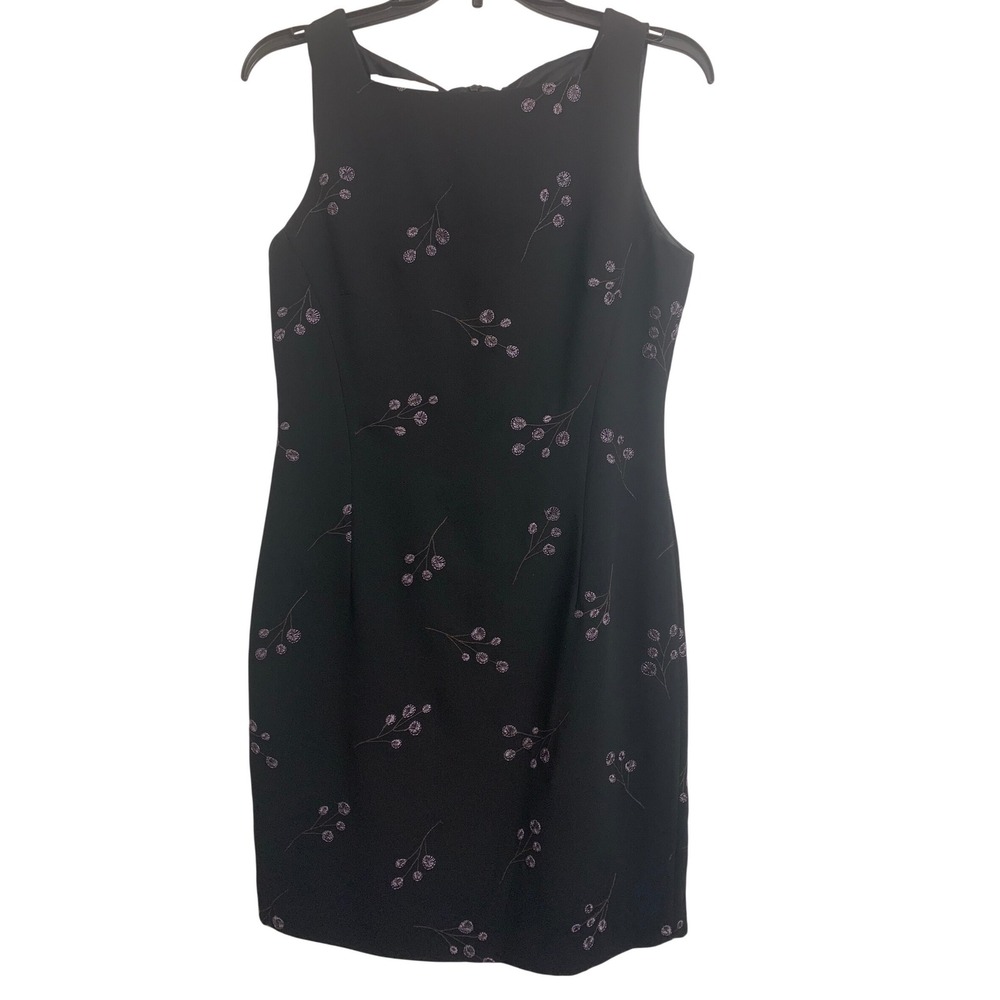 Jones New York Dress 8 Black Purple‎ Floral Embroidered Sheath Dress Sleeveless